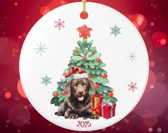 Könnte beinhalten: Runder, weißer Weihnachtsschmuck mit einem braunen Labrador, der einen Weihnachtsmannhut trägt und vor einem geschmückten Weihnachtsbaum liegt. Der Schmuck hat Schneeflocken und ein Sterndesign. Das Jahr "2025" ist unten aufgedruckt. Ein goldener Faden ist zum Aufhängen befestigt.