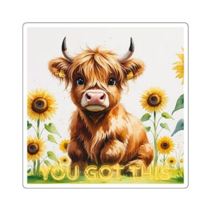 Motivational Cow Square Stickers | Cute Highland Cow | You Got This | Encouragement for Any Occasion, Great for Laptops, Notebooks, Gifts