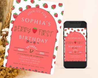 Editable Berry First Birthday, Strawberry Birthday Invitation, Berry Sweet Birthday, Printable Girl Birthday, Girl Birthday Invitation