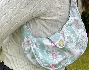 Handmade floral print baguette bag, made from thrifted materials.