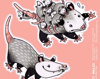 May include: A set of two stickers featuring a cartoon opossum with a white face and black eyes. The larger sticker shows the opossum carrying a group of smaller opossums on its back. The smaller sticker shows the opossum walking with a happy expression. The stickers are printed on white paper with a pink background.