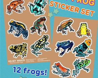 Puede incluir: Un conjunto de pegatinas de ranas dardo coloridas. Las pegatinas presentan varias especies de ranas en colores vibrantes como naranja, azul, amarillo y verde. El texto "DART FROG STICKER SET" y "12 frogs!" son visibles.