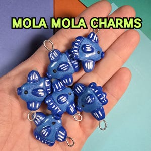 May include: Six blue and white mola mola fish charms with silver jump rings. The charms are made of polymer clay and have a glossy finish.