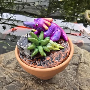 May include: A small terracotta pot containing a sculpted purple and pink creature with a long snout and orange ear-like fins, positioned next to a green succulent plant and a grey rock on a textured brown base with dark brown markings.