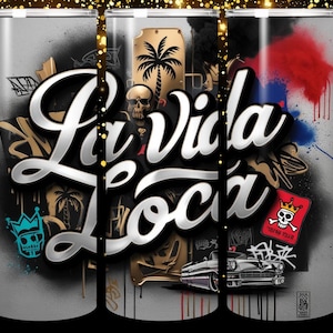 May include: A stainless steel tumbler with a graffiti-style design featuring the text "La Vida Loca" in silver lettering. The design includes palm trees, skulls, and a vintage car. The tumbler has a black lid and a silver base.