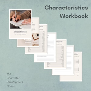 May include: A workbook titled "Characteristics Workbook" with the subtitle "Crafting a Compelling Who." The workbook is designed to help people understand their character traits and develop their personality. The workbook includes several pages with lists of characteristics and scales for self-assessment.