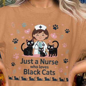 Cute Nurse with Black Cats Graphic T-Shirt, Fun Nurse Gift Shirt, Adorable Cat Themed T-Shirt for Animal Lovers, Perfect Cat Lover Tee