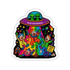 Alien Clown Abduction Rainbow Vinyl Die Cut Sticker