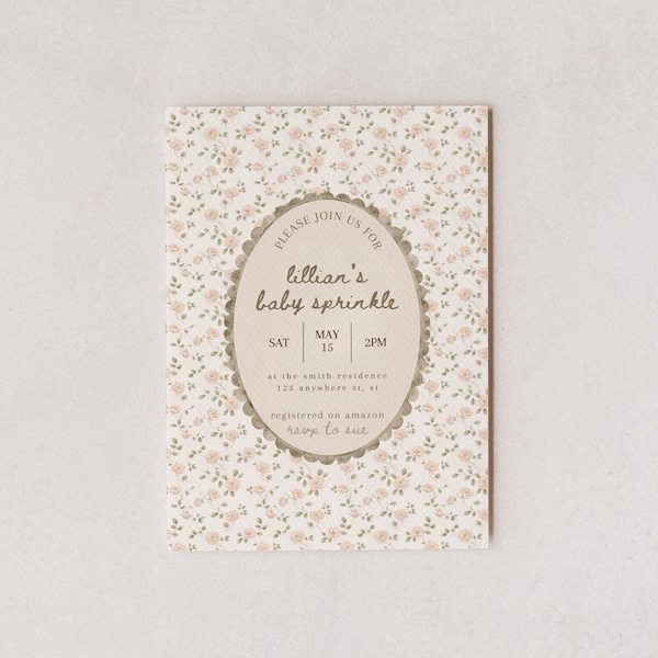 Invitation florale vintage pour bébé saupoudrer - modifiable - téléchargement numérique