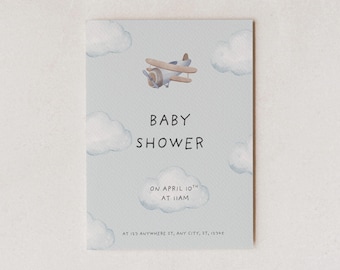 Zaproszenie na baby shower w kształcie samolotu: motyw chmur, baby shower dla chłopców (szablon do pobrania w formacie cyfrowym 5x7 cali)