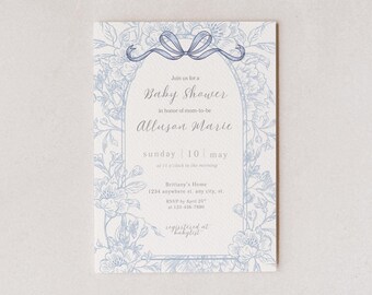 Blauwe bloemen babyshower uitnodiging, genderneutrale sjabloon (digitale download)