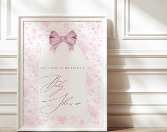Różowy znak powitalny na baby shower z kokardą w akwareli – do pobrania w wersji cyfrowej – do edycji