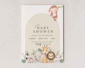Zaproszenie na baby shower z motywem zwierząt z zoo: neutralne pod względem płci, edytowalne (szablon do pobrania w formacie 5x7)