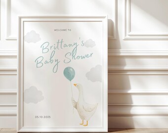 Akwarelowa kaczuszka z napisem powitalnym na baby shower – do pobrania w wersji cyfrowej – do edycji