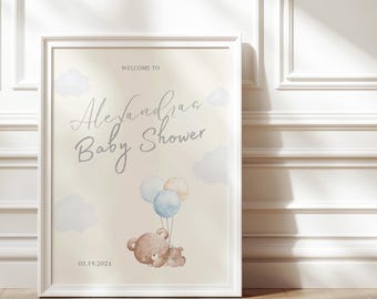 Akwarela, organiczna tabliczka powitalna z misiem „Oh Boy!” na baby shower – do pobrania w wersji cyfrowej – do edycji