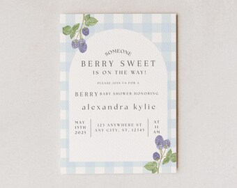 Zaproszenie na baby shower „Berry Sweet”: neutralne pod względem płci, edytowalny szablon (pobranie cyfrowe)