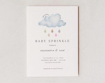 May include: A baby sprinkle invitation card featuring a watercolour cloud and raindrops in pastel shades. The text reads "Baby Sprinkle" and includes event details: honorees' names, date, time, and location. The card is a soft, neutral colour.