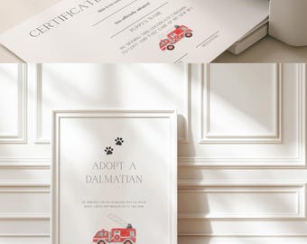 Sound The Alarms Firetruck Birthday Party Signage & Adoption Certificate Bundle (Digital Download Templates) - Editable