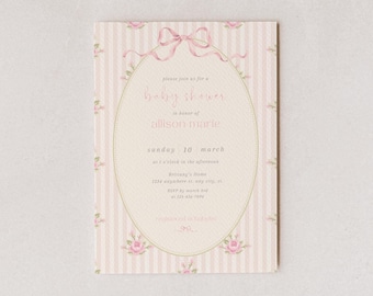 Dziewczęce zaproszenie na baby shower z kwiatowym wzorem – do pobrania w wersji cyfrowej – do edycji