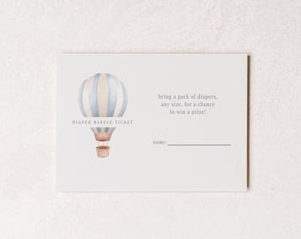 Bilet na loterię pieluch na baby shower dla chłopca Air Balloon Blue Boy – do pobrania w wersji cyfrowej – do edycji