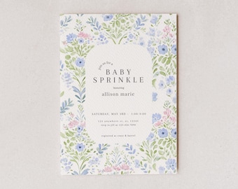 Blauwe bloem cottage baby strooi uitnodiging - digitale download - bewerkbaar