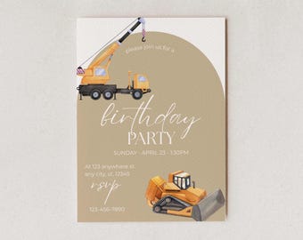 Invito di compleanno a tema escavatore: festa con camion da costruzione (modello digitale 5x7")