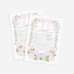 May include: Two baby shower prediction cards. Each card features a pink bow, floral border, and space for predictions about the baby's gender, birth date, and more. The cards are decorated with pink and blue hydrangeas.