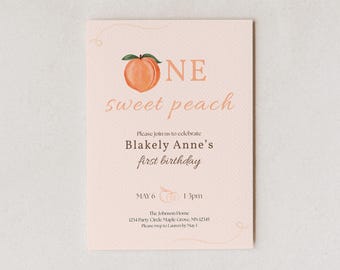 Zaproszenie na pierwsze urodziny „One Sweet Peach” – dziewczęcy szablon cyfrowy (5 x 7 cali)