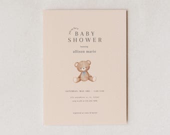 Zaproszenie na baby shower z akwarelowym misiem – do pobrania w wersji cyfrowej – szablon do edycji