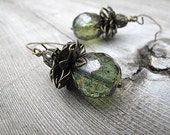 Moss Green Earrings Victorian Inspired Edwardian Style Pineapple Like Antiqued Golden Bohemian Earrings Romantic Jewelry Vintage Vibe