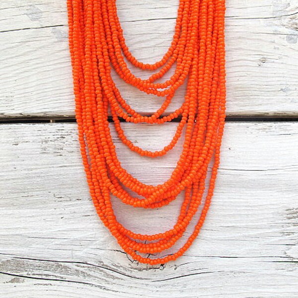 Seed Bead  Necklace/ Multi Layered Czech Glass Seed Beads with Antique Brass Findings: Tangerine Tangle