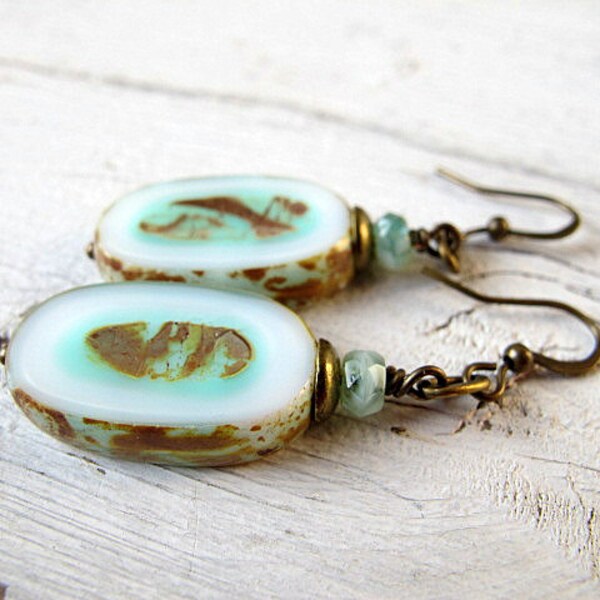 Bohemian Dangles Mint  Earrings Czech Picasso Glass Drops Milky White  Rustic Ovals Antique Brass Tone Boho Chic Large Table Cut