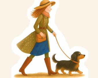 Dachshund Sticker – Girl Walking Long-Haired Dog, Matte Vinyl