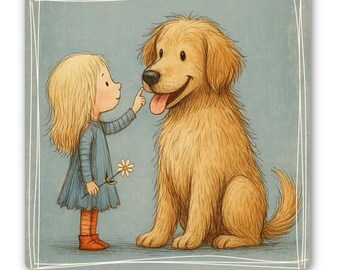 Golden Retriever Sticker – Girl and Dog Illustration, Cottagecore Art