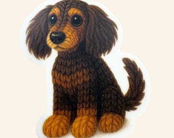Crocheted Dachshund Sticker: Baby Herbie Long-Haired Puppy - Matte Vinyl