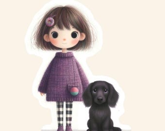 Oliver the Dachshund Vinyl Sticker • Black Long-Haired Doxie • Big-Eyed Girl & Dog