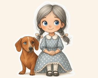 Dachshund Puppy & Girl Sticker | Big-Eye Art, Waterproof Vinyl