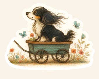 Dachshund in Wagon Sticker – Cottagecore Dog Art, Floral Butterflies