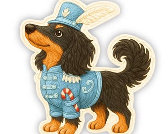 Embroidered-Style Nutcracker Dachshund Sticker – Long-Haired Black & Tan Doxie, Cozy Holiday Dog Art
