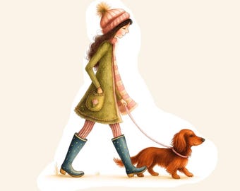 Girl Walking Dachshund Sticker — Herbie the Red Long-Haired Dachshund | Cozy Autumn Dog Sticker |