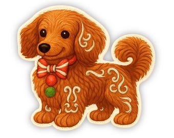Embroidered-Style Gingerbread Dachshund Puppy Sticker – Herbie in Cozy Homespun Holiday Cookie Art