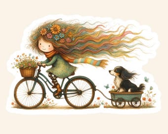 Whimsical Girl and Dog on Bicycle Sticker – Cottagecore Fall Art