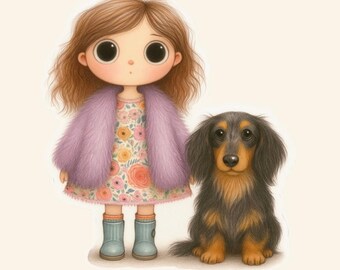 Long Haired Dachshund Sticker – Cottagecore Doxie & Girl Art