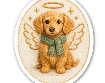 Embroidered-Style Angel Puppy Sticker – Golden Retriever Christmas Dog, Cozy Homespun Holiday Art