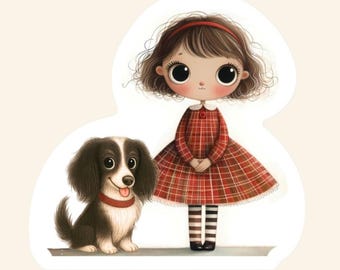 Long Haired Dachshund Sticker – Girl and Puppy Art, Waterproof Vinyl