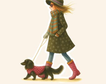 Black Long-Haired Dachshund Sticker – Cozy Autumn Dog Art