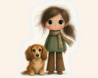 Girl and Dachshund Sticker – Cottagecore Puppy Art, Dog Mom Gift