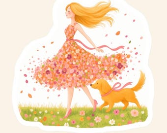 Golden Retriever Sticker – Girl in Flower Dress, Whimsical Art Vinyl Sticker
