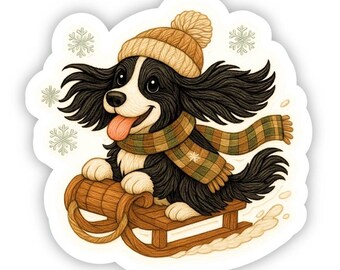 Embroidered-Style Sledding Dachshund Sticker – Black & White Long-Haired Doxie, Cozy Homespun Holiday Art