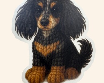 Crocheted Dachshund Sticker: Merle Tri-Color Long-Haired Dog